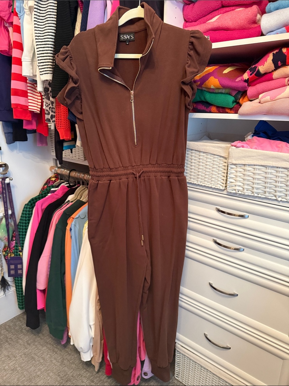 SSYS Brown Short-Sleeve Zip-Front Jumpsuit